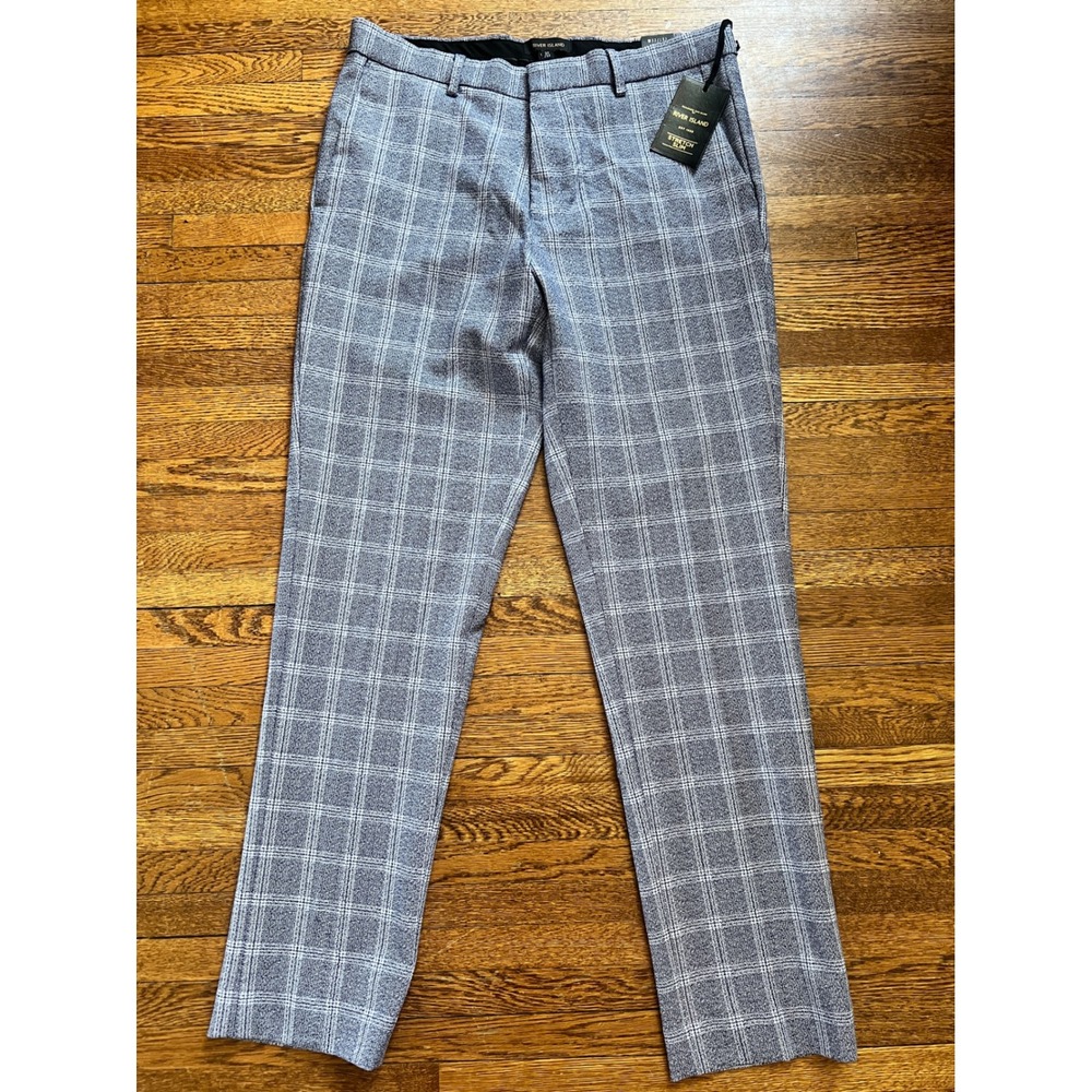 River Island Mens Stretch Slim Fit Check Trousers Blue White Plaid Pants 32x32